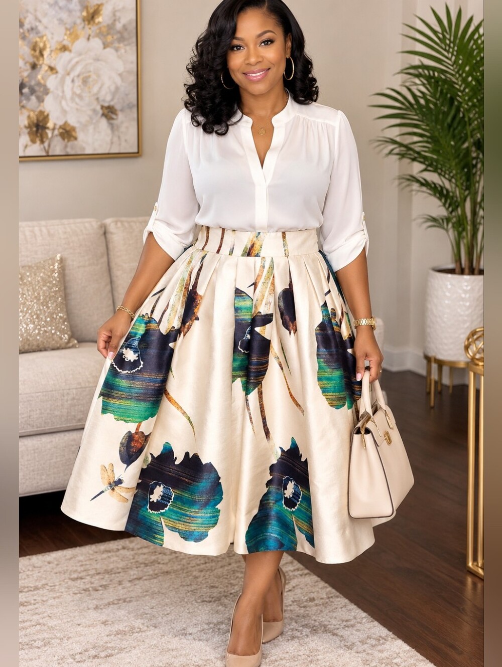 Gracia Elegant Cream Floral Midi Skirt - Classic Women's Skirt
